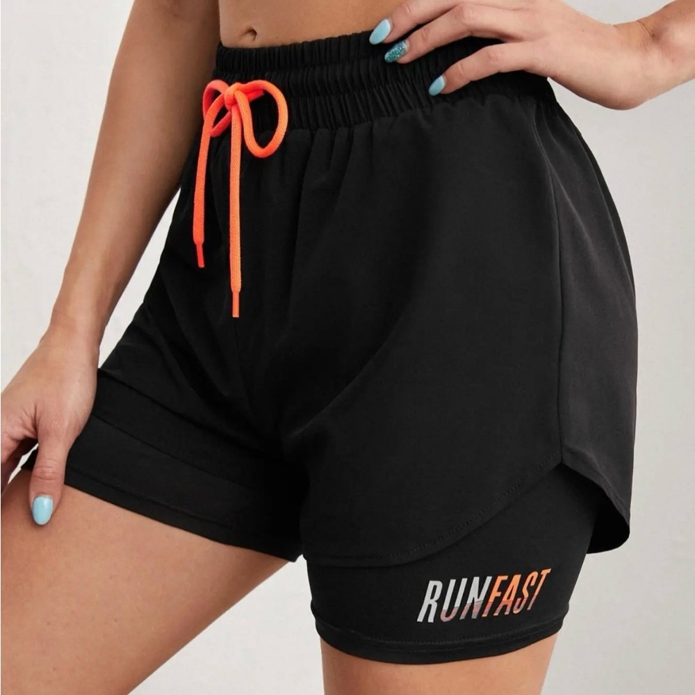 Black RUNFAST Layered Athletic Shorts with Orange Drawstring